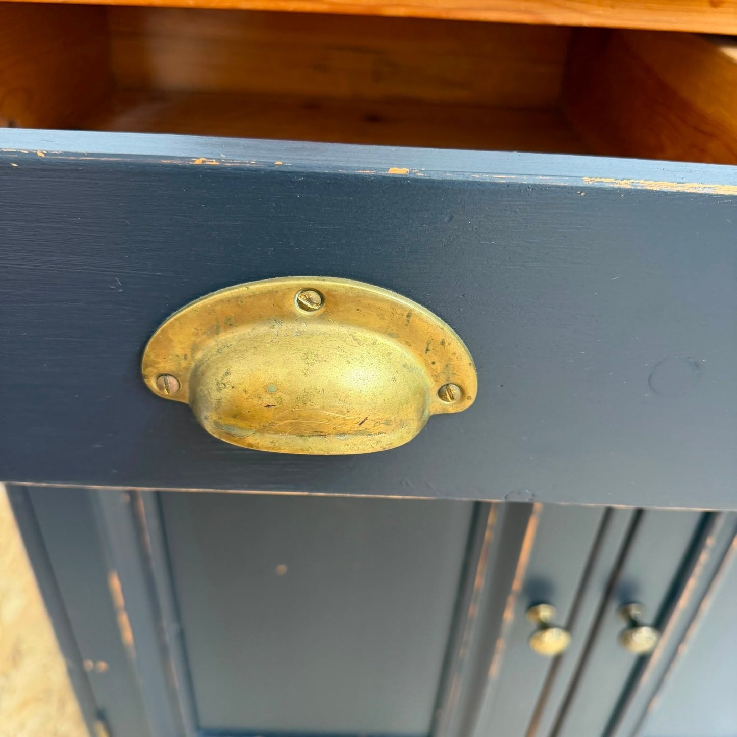 Pine Triple Sideboard 3 Drawers Over Cabinets Brass Cup Handles Shabby Chic