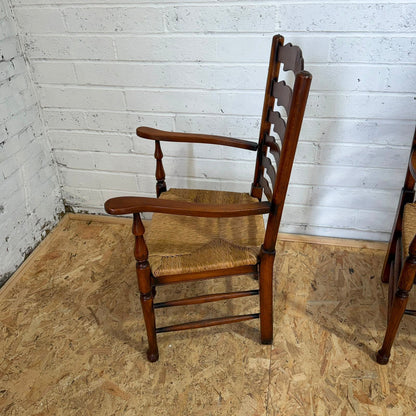 Vintage Pair Rush Seats  Ladder Back Carver Dining Chairs Turned Legs