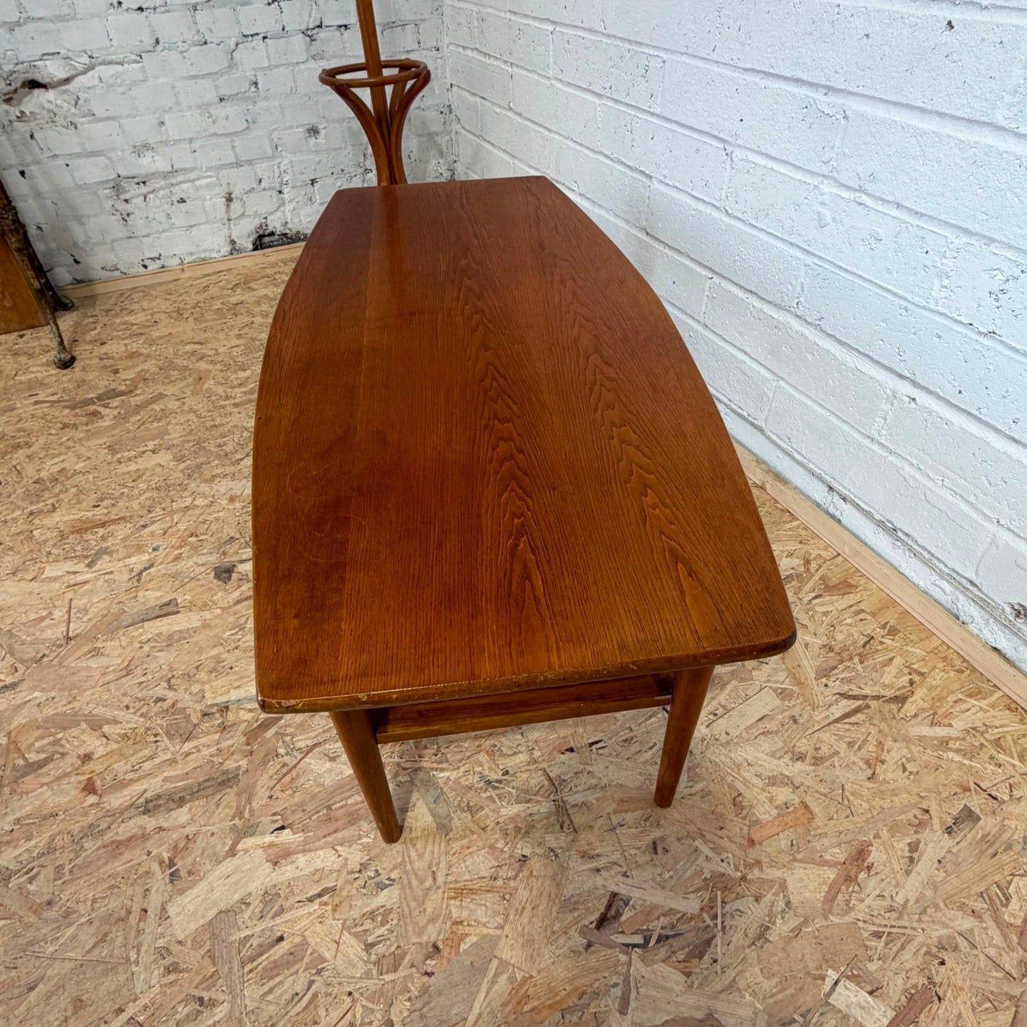 Mid Century Coffee Table Slatted Shelf Under Tapered Legs