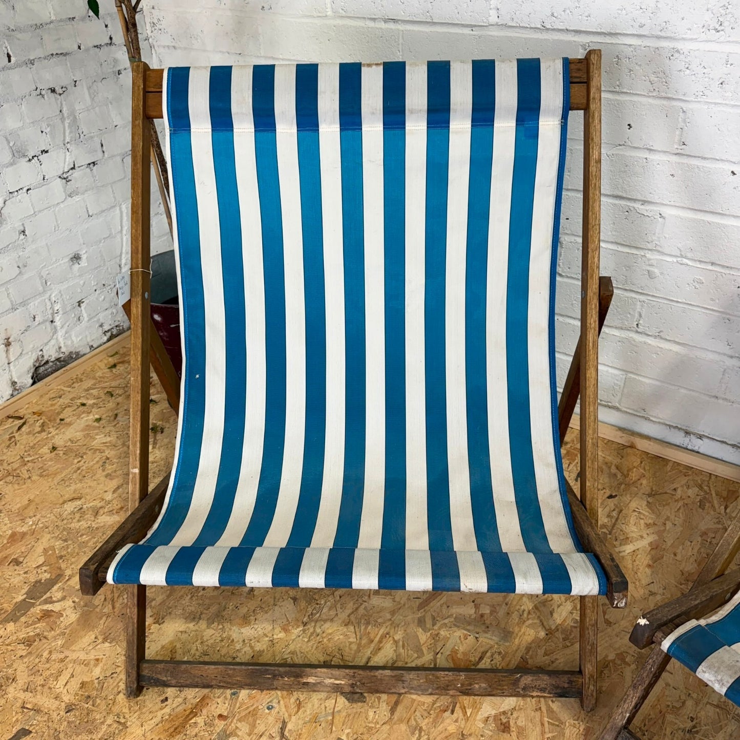Vintage Pair Wideboy Large SouthSea Deckchairs Beach Garden Wood Frames