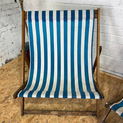 Vintage Pair Wideboy Large SouthSea Deckchairs Beach Garden Wood Frames