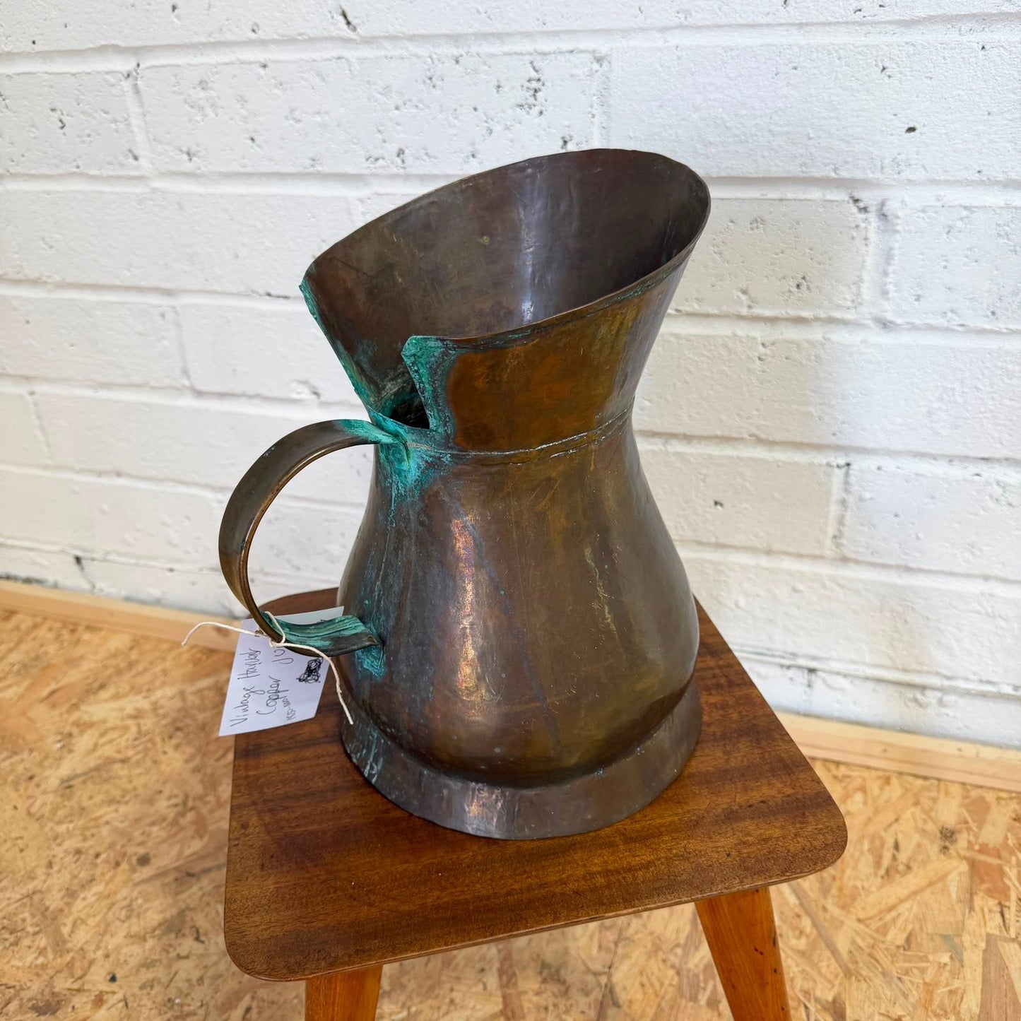 Antique Copper Harvest/Ale Jug 19thC Large Handmade Pitcher Verdigris Patina