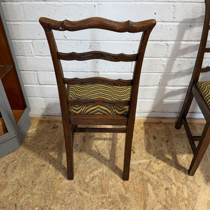 Pair Early 20thC Oak Dining Chairs Upholstered Drop In Seats Ladder Back