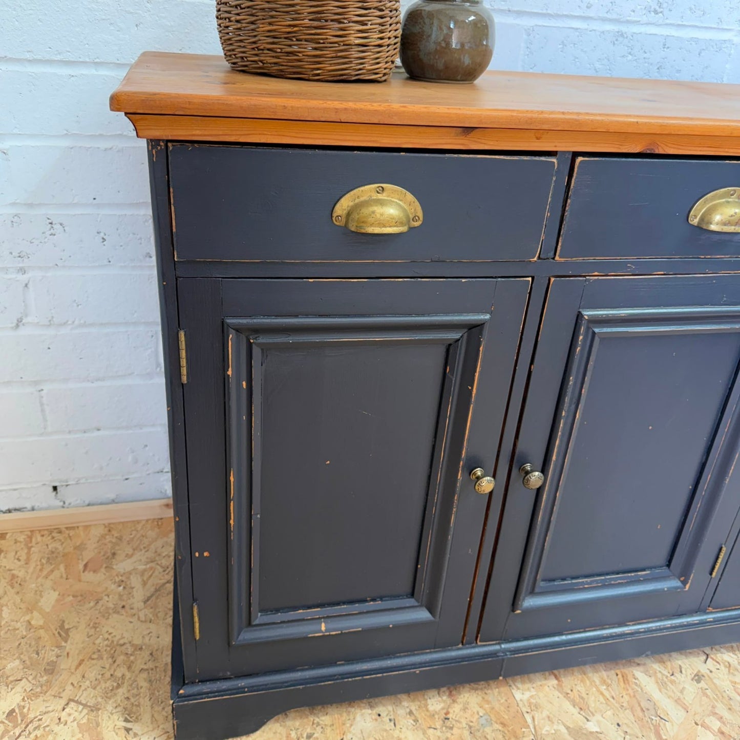 Pine Triple Sideboard 3 Drawers Over Cabinets Brass Cup Handles Shabby Chic