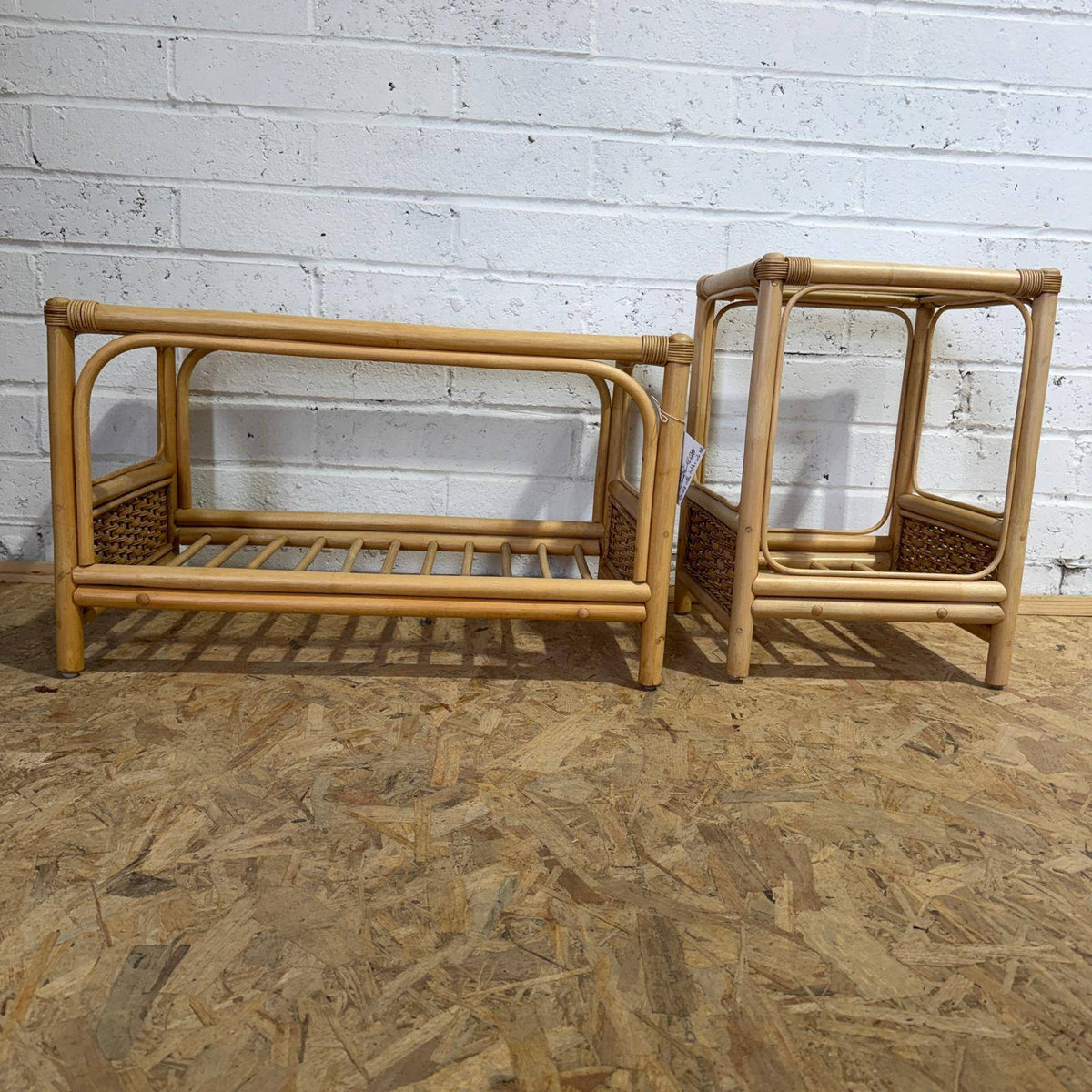 Pair Rustic Bamboo Glass Topped Tables Coffee Table Side Table Shelves Under