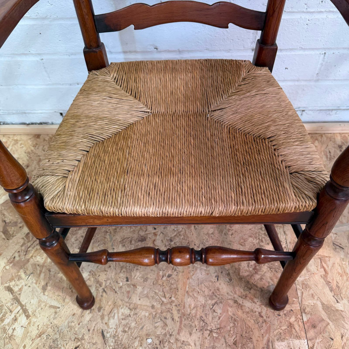 Vintage Pair Rush Seats  Ladder Back Carver Dining Chairs Turned Legs