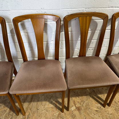 5 Meredew Mid Century Teak Dining Chairs Upholstered Velour Salmon Seats