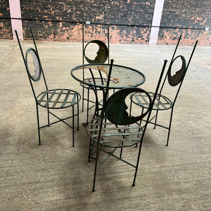 Metal Circular Garden Table & 4 Chairs With Moon Design Green Rust Great Patina