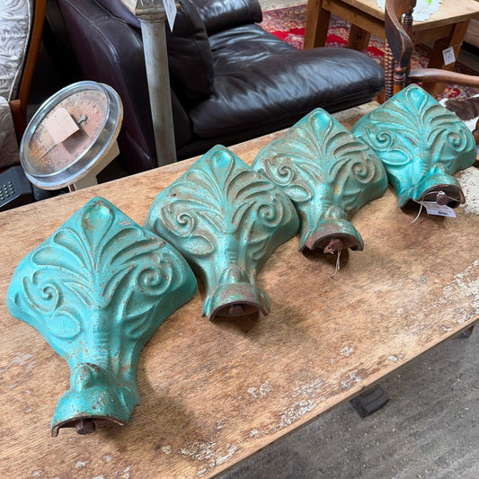 4 Antique Victorian Cast Iron Claw Bath Feet Green Great Patina Fleur De Lys
