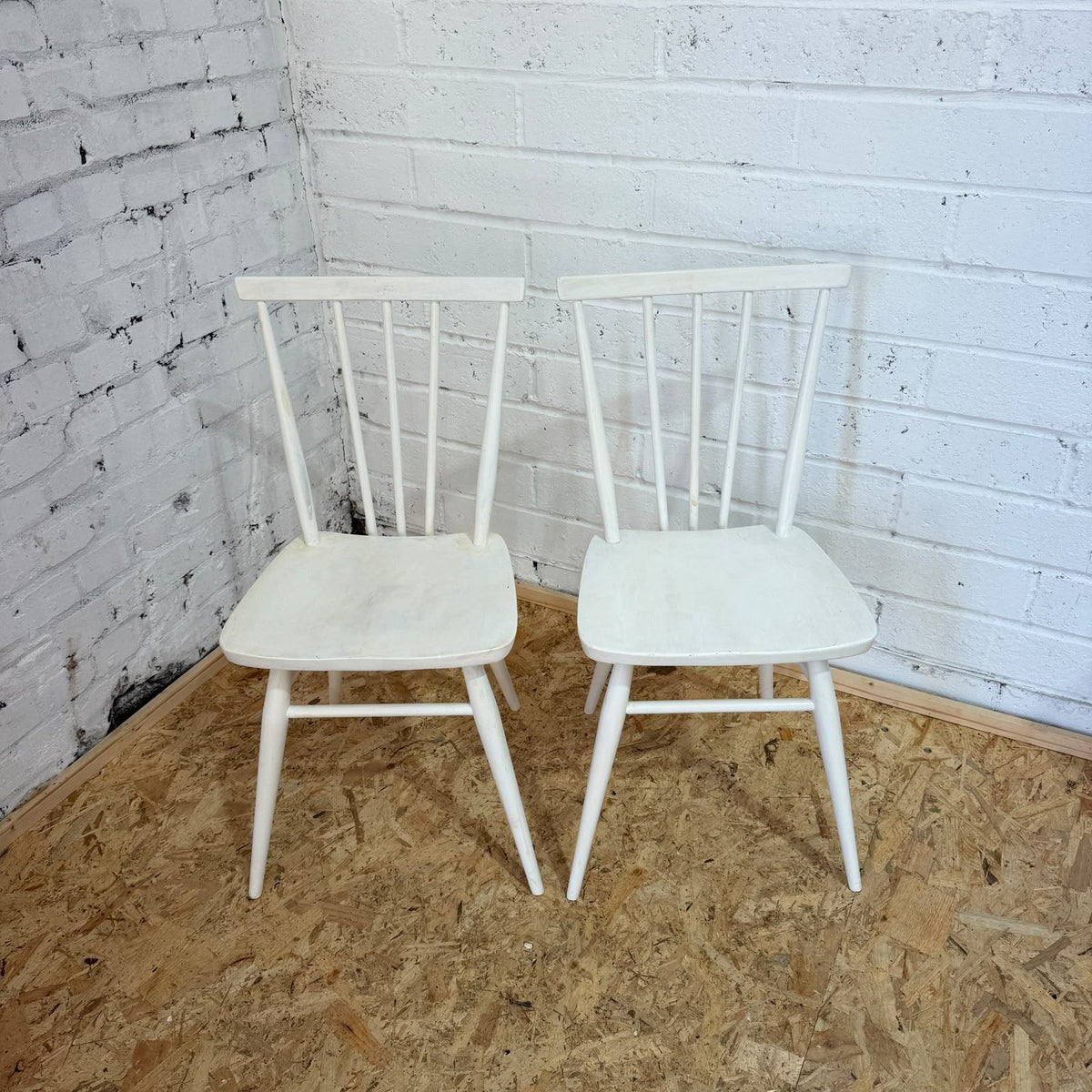 Vintage Pair Ercol Model 391 Kitchen Dining Chairs Painted White Retro