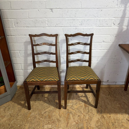 Pair Early 20thC Oak Dining Chairs Upholstered Drop In Seats Ladder Back