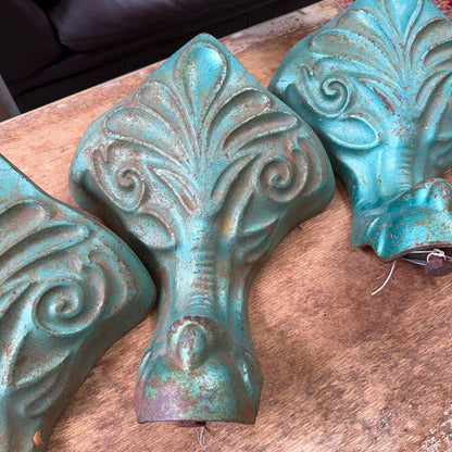 4 Antique Victorian Cast Iron Claw Bath Feet Green Great Patina Fleur De Lys