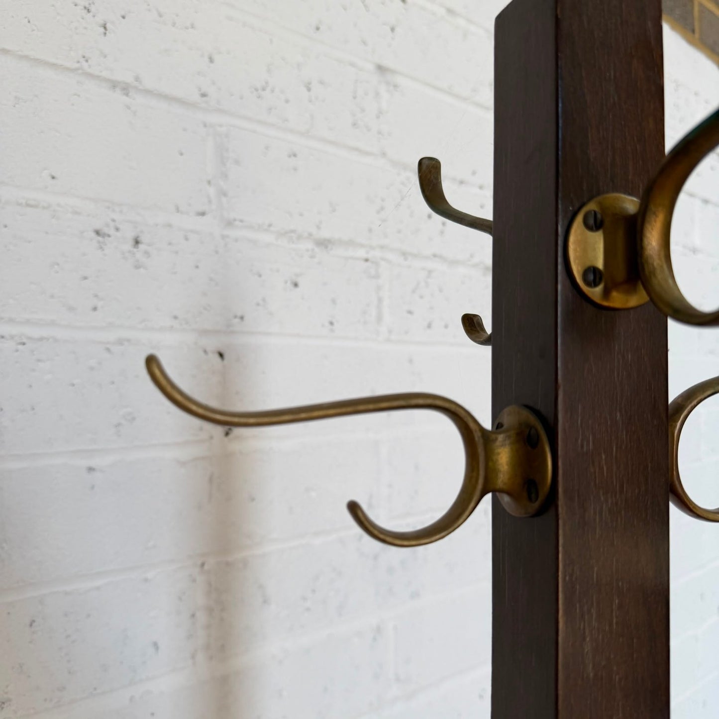Vintage Dark Wood Hat Coat Stand Brass Hooks Classic Design