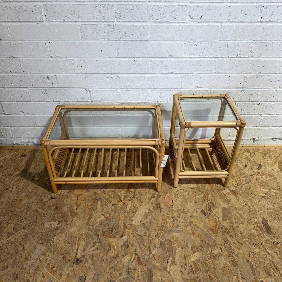 Pair Rustic Bamboo Glass Topped Tables Coffee Table Side Table Shelves Under