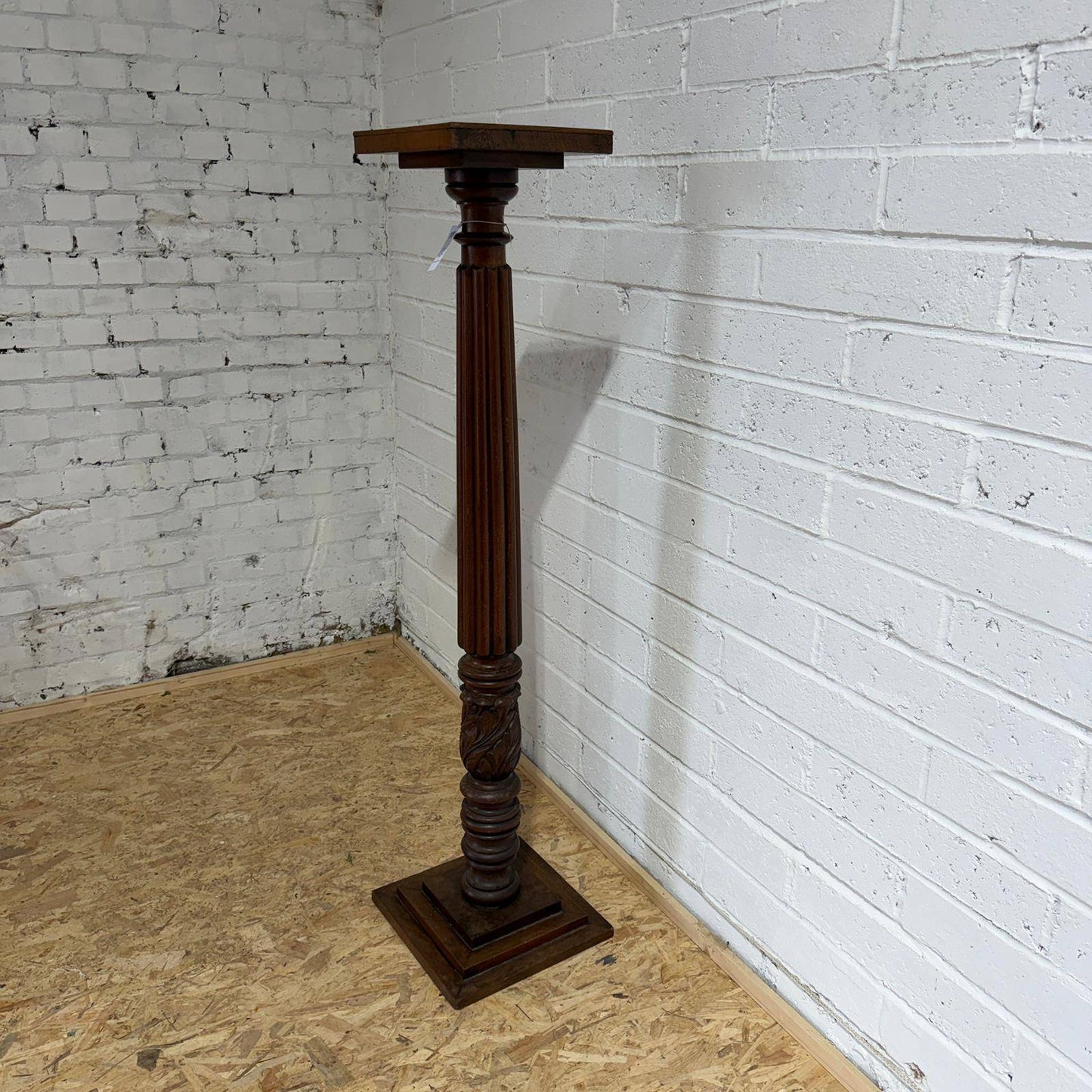Antique Tall Ornate Mahogany Plant Stand Carved Column Square Base And Top