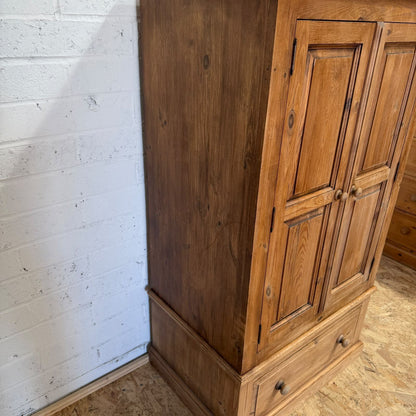 Vintage Pine Small Double Wardrobe Over Single Drawer Hanging Rail Knob Handles