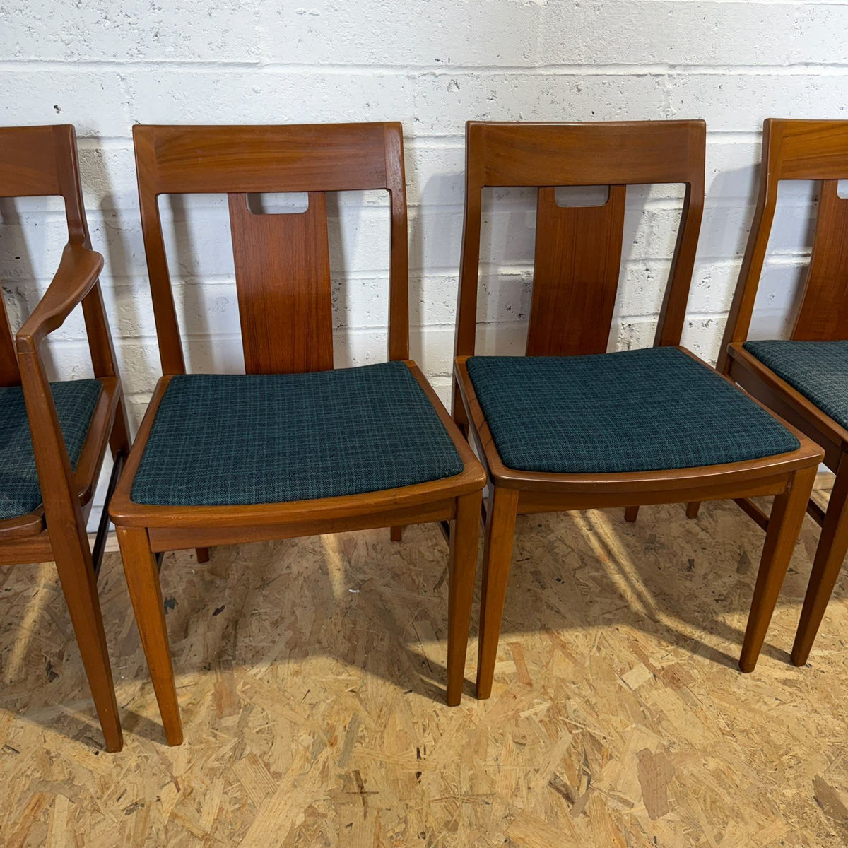 4 Vintage Nathan Mid Century Teak Dining Chairs One Carver Upholstered Seats
