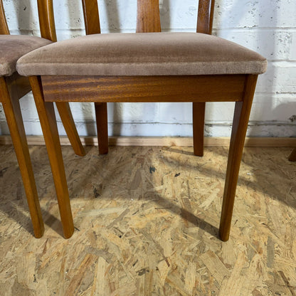 5 Meredew Mid Century Teak Dining Chairs Upholstered Velour Salmon Seats