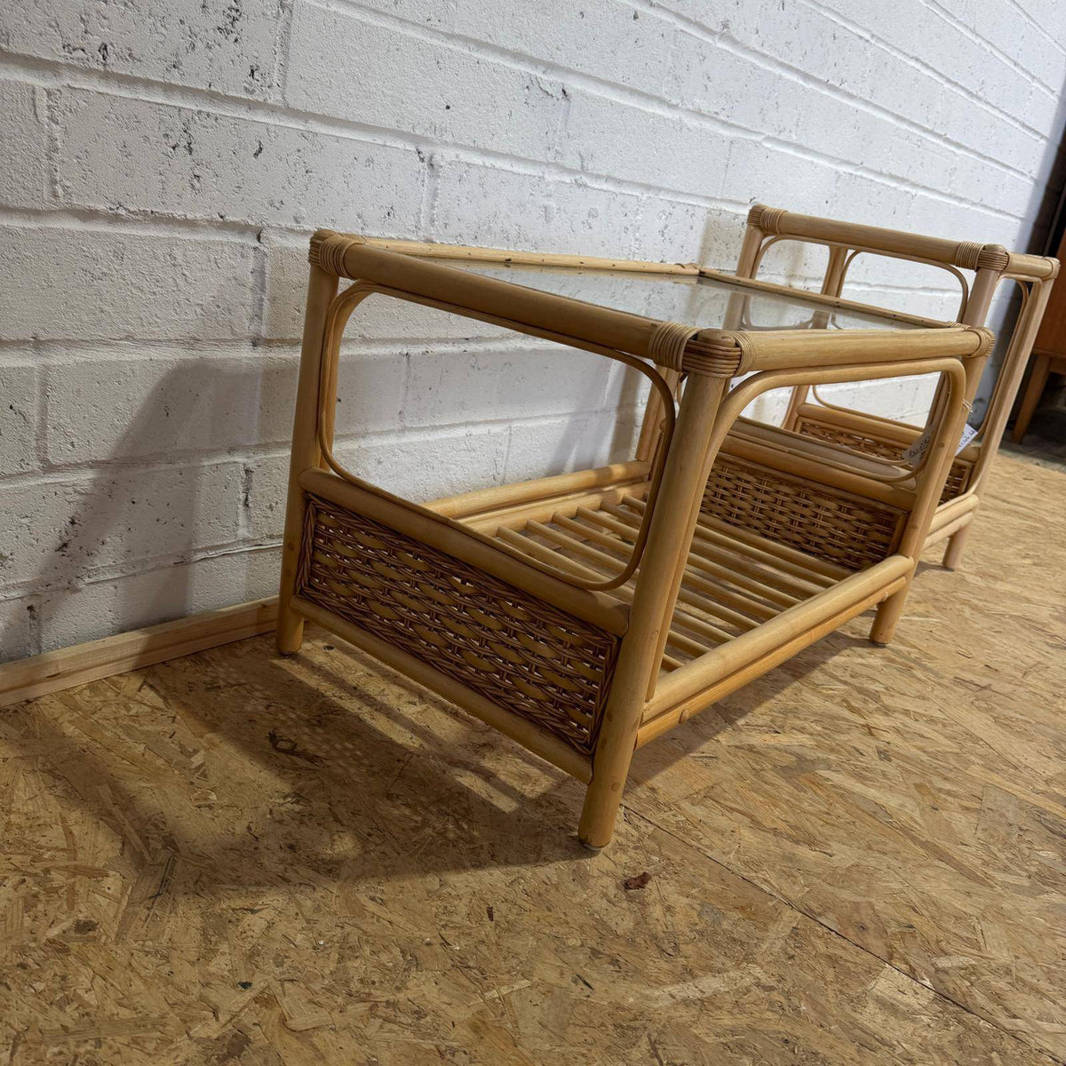 Pair Rustic Bamboo Glass Topped Tables Coffee Table Side Table Shelves Under