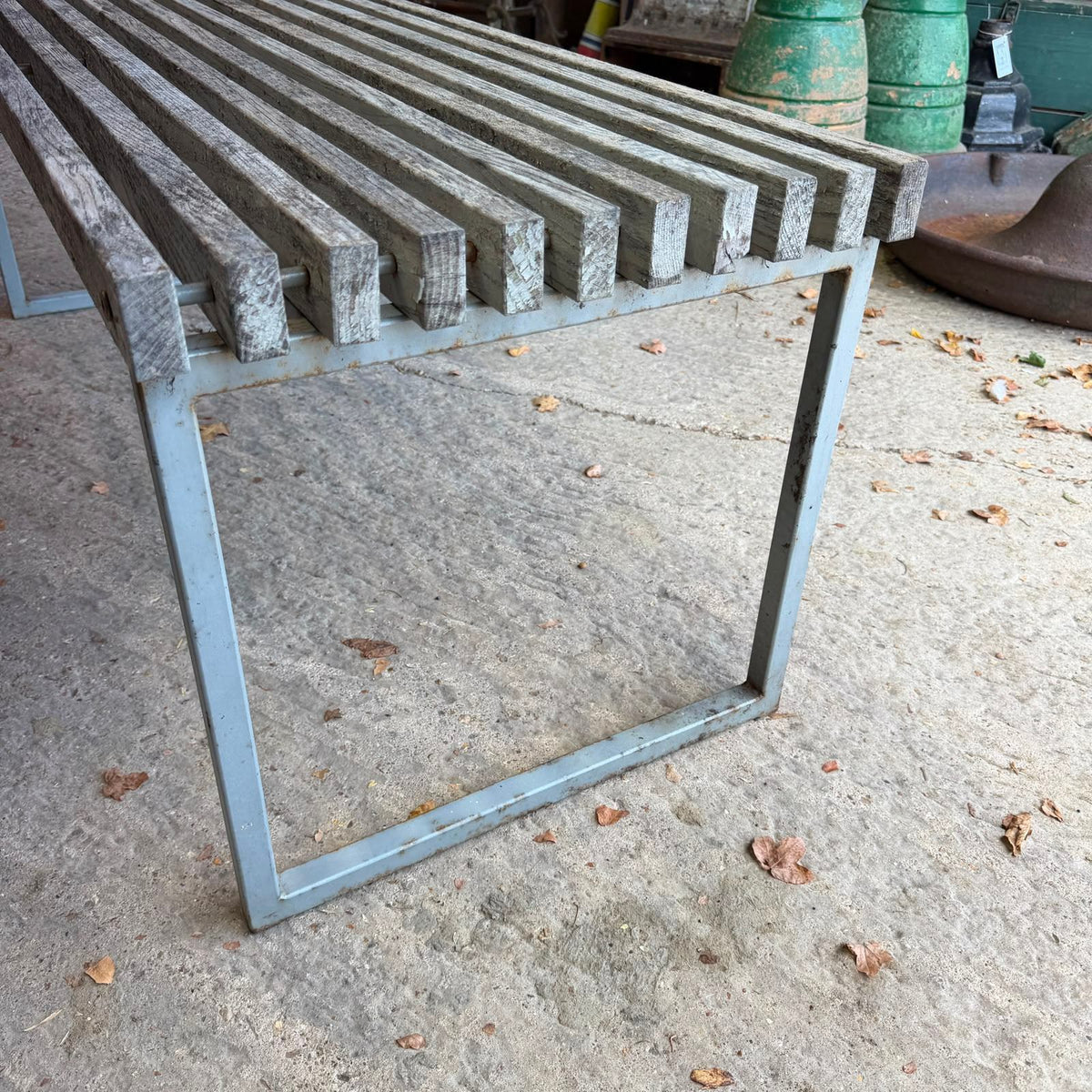 Vintage Industrial Municipal Style Slatted Garden Bench Metal Square Frame