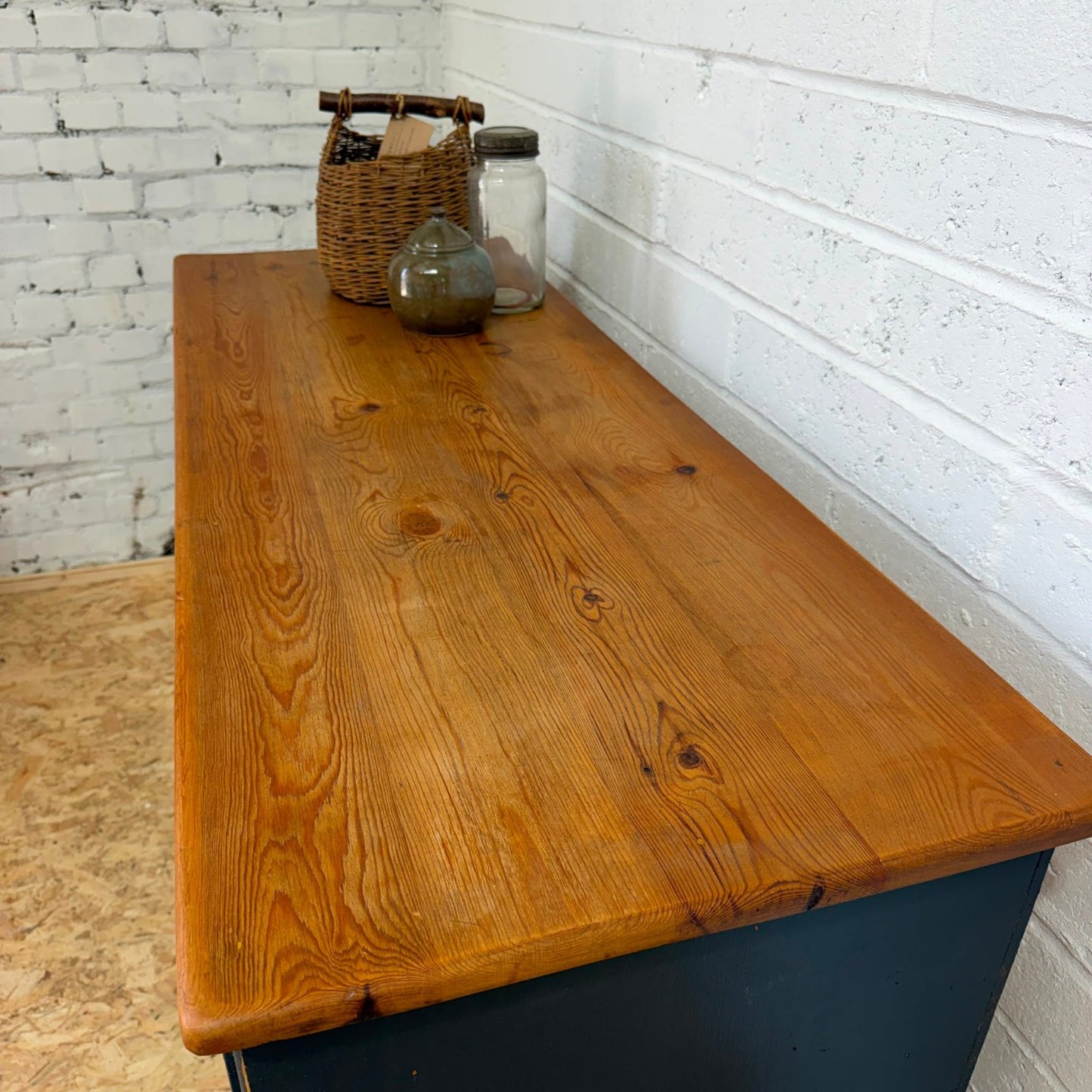 Pine Triple Sideboard 3 Drawers Over Cabinets Brass Cup Handles Shabby Chic