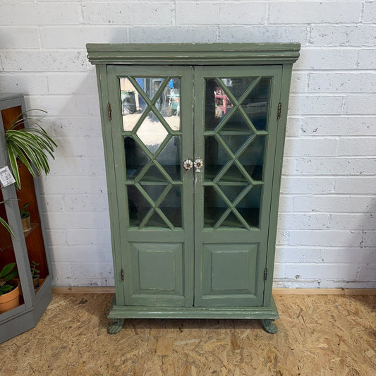 Early 20thC Rustic Painted Double Cupboard Glazed Doors Claw Feet Pantry Larder