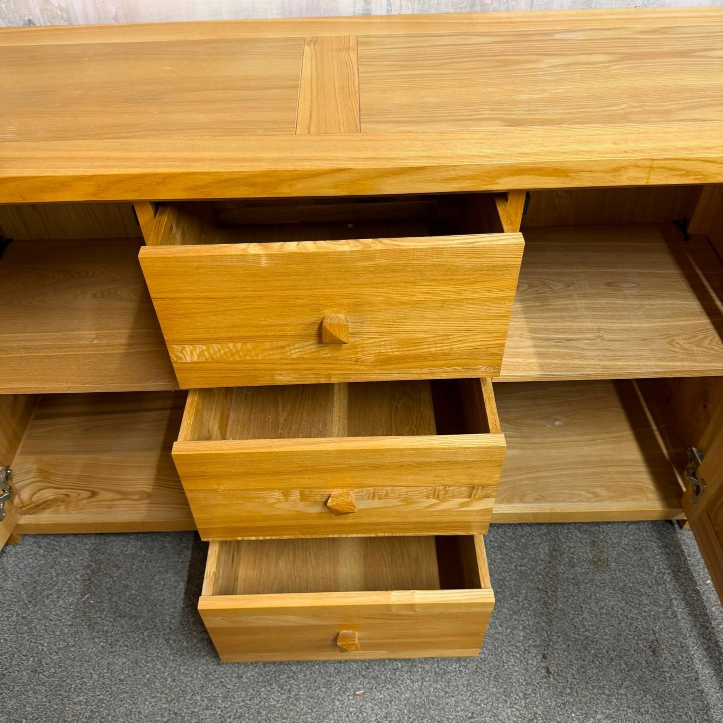 Solid Oak Furnitureland Triple Sideboard Buffet Cabinet 2 Cupboards 3 Drawers