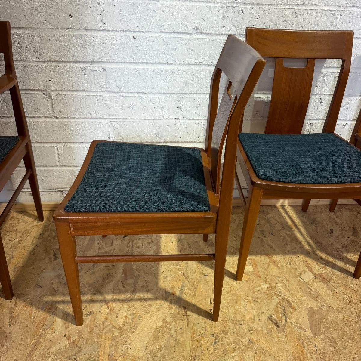 4 Vintage Nathan Mid Century Teak Dining Chairs One Carver Upholstered Seats