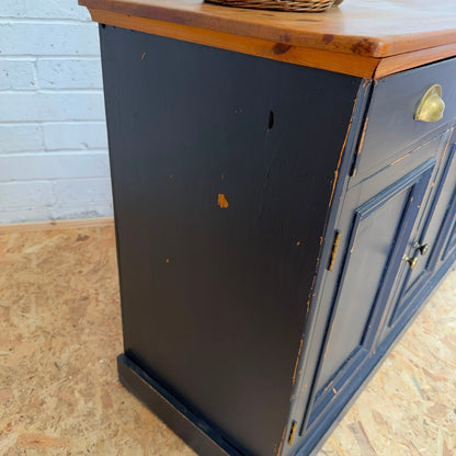 Pine Triple Sideboard 3 Drawers Over Cabinets Brass Cup Handles Shabby Chic