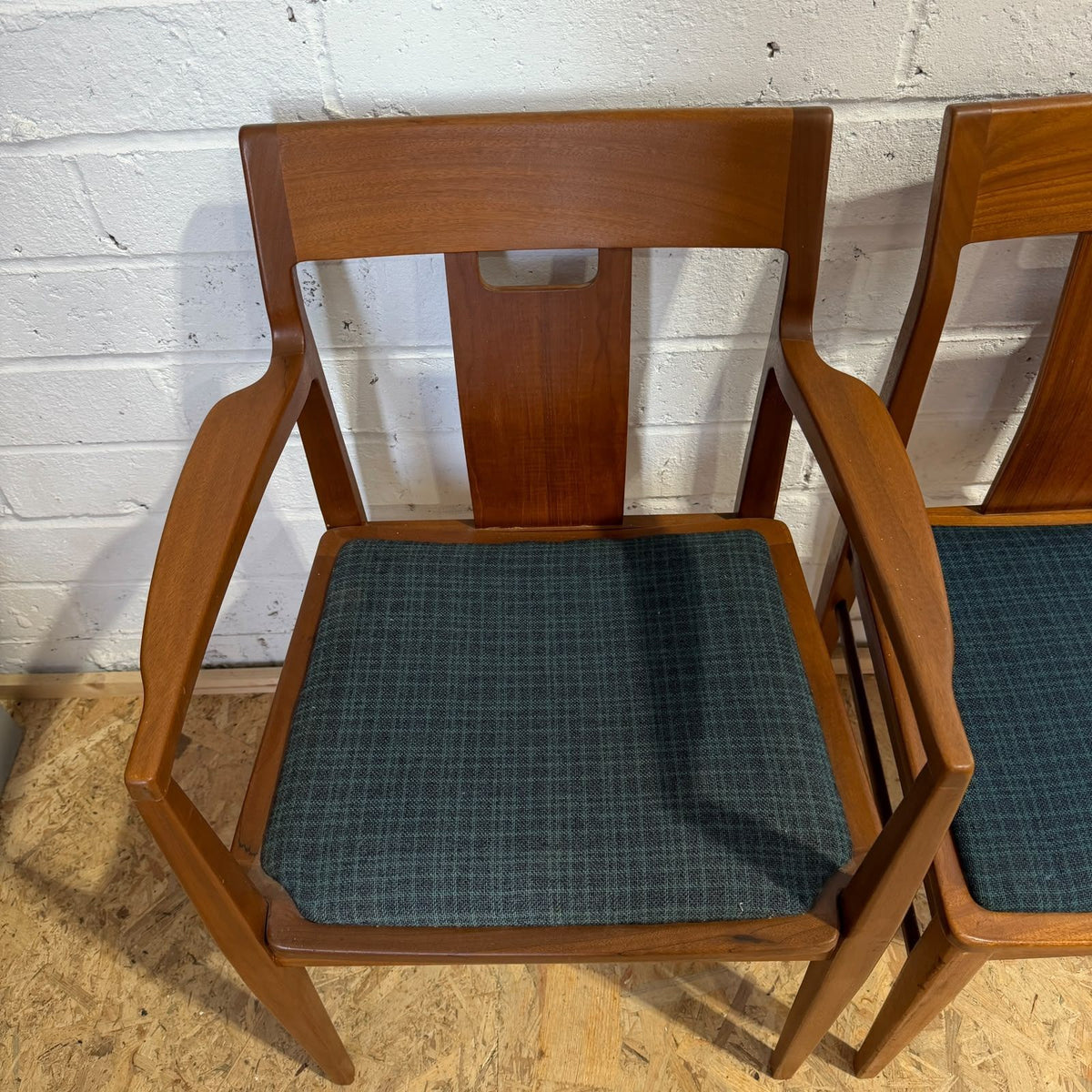 4 Vintage Nathan Mid Century Teak Dining Chairs One Carver Upholstered Seats