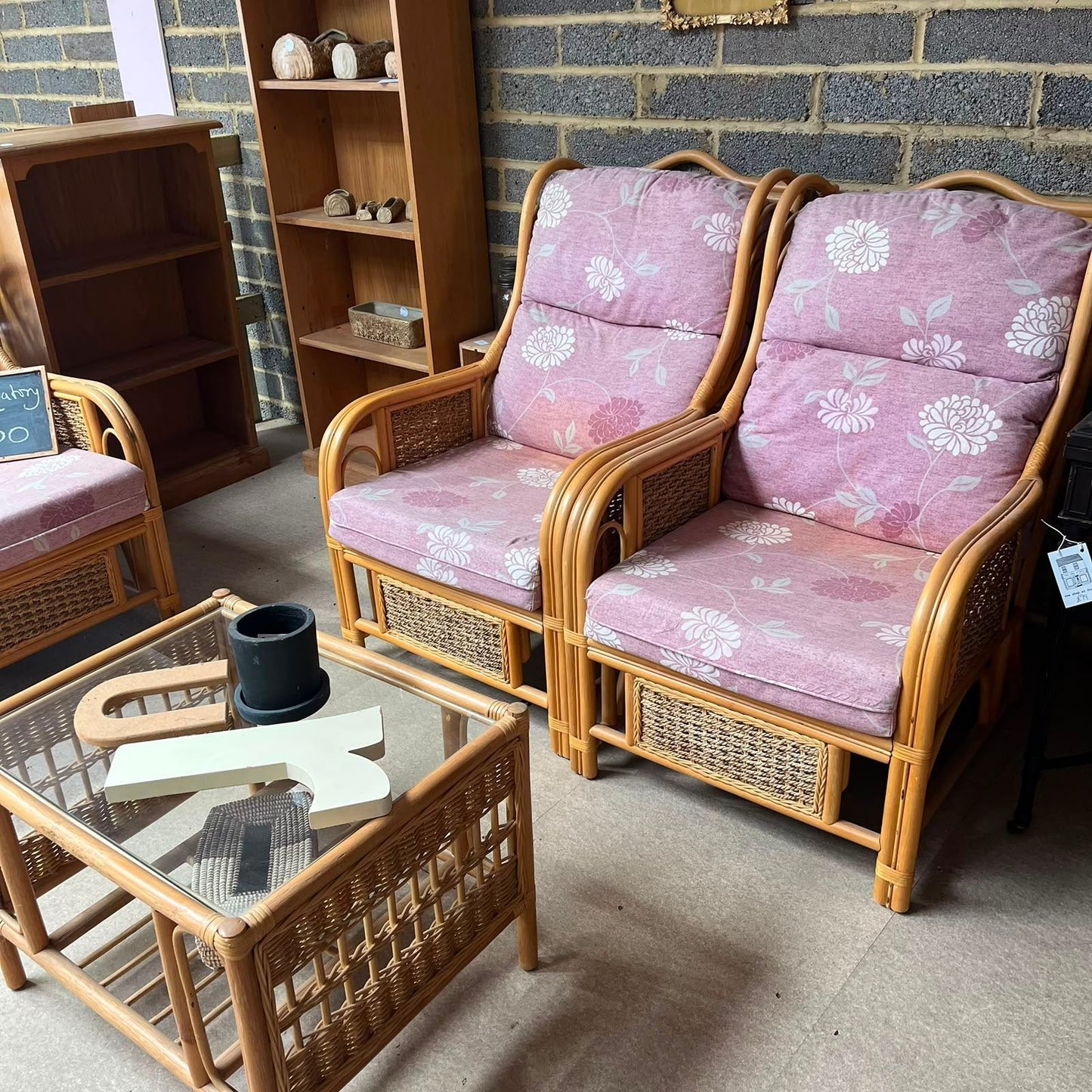 3 Piece Bamboo Conservatory Suite Double Sofa 2 Armchairs Glass Topped Table