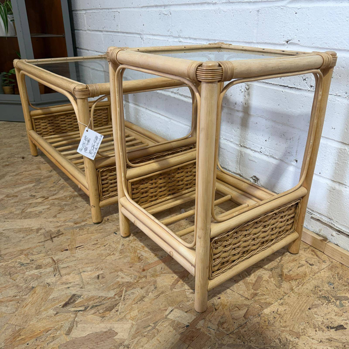 Pair Rustic Bamboo Glass Topped Tables Coffee Table Side Table Shelves Under