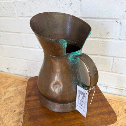 Antique Copper Harvest/Ale Jug 19thC Large Handmade Pitcher Verdigris Patina