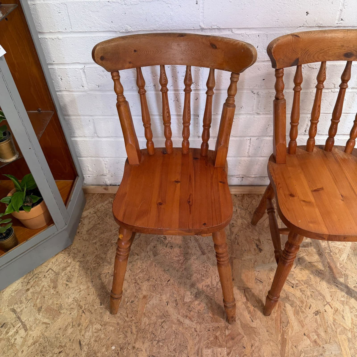 Pair Pine Rustic Vintage Farmhouse Chairs Turned Backs And Legs Solid