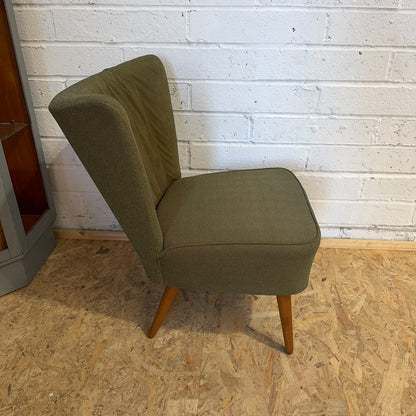 Vintage Upholstered Cocktail Accent Chair Green Teak Tapered Legs Mid Century