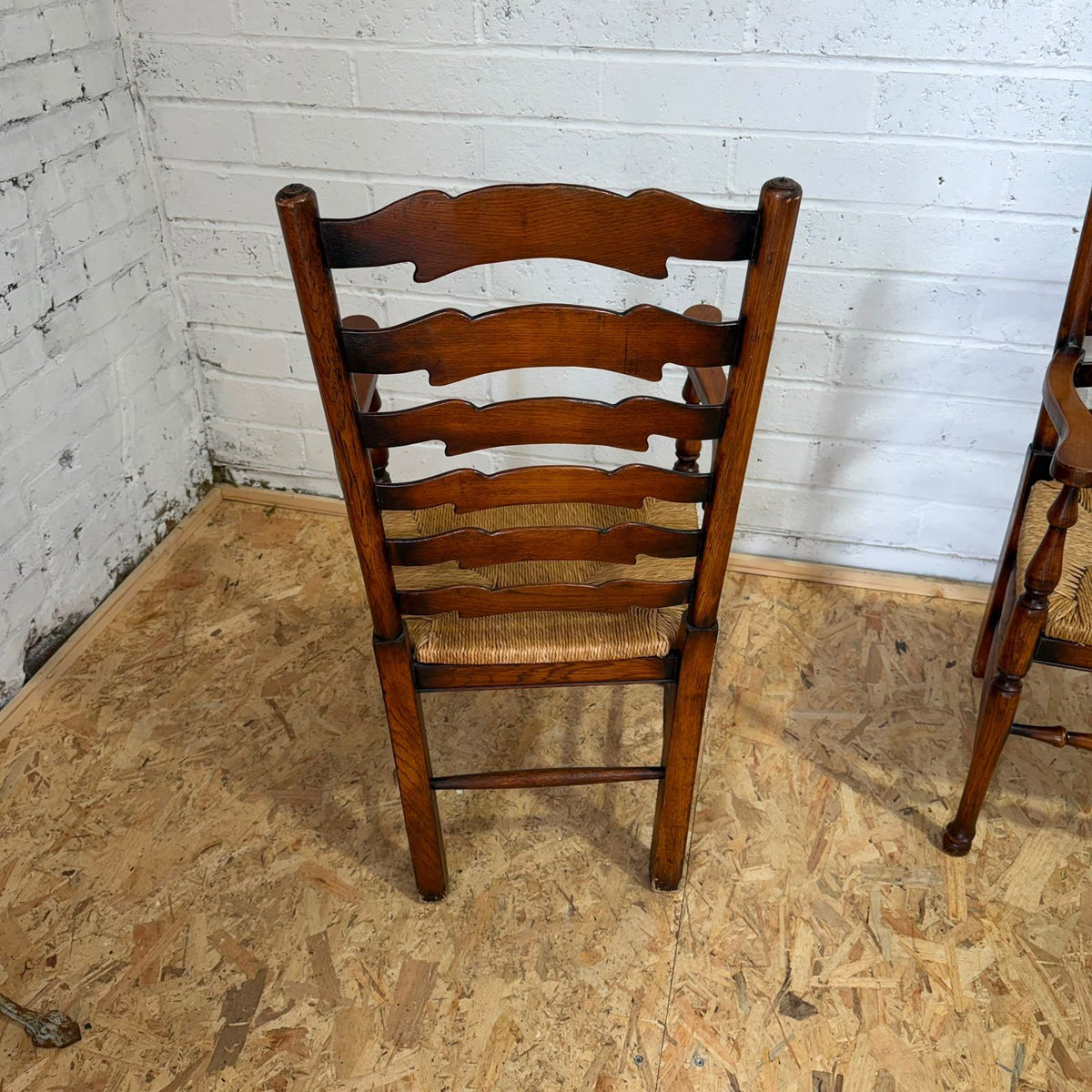 Vintage Pair Rush Seats  Ladder Back Carver Dining Chairs Turned Legs