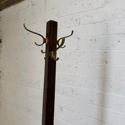 Vintage Dark Wood Hat Coat Stand Brass Hooks Classic Design
