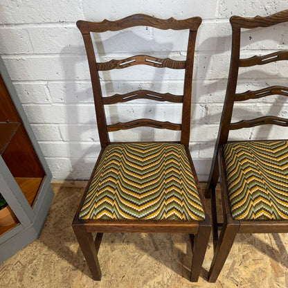 Pair Early 20thC Oak Dining Chairs Upholstered Drop In Seats Ladder Back