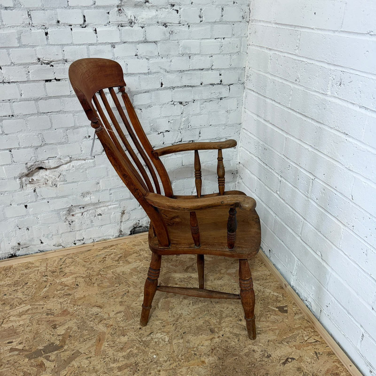 Vintage Rustic Windsor Style High Slatted Backed Armchair Turned Legs