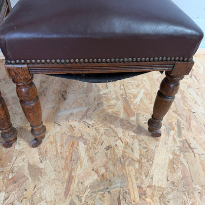 Pair Edwardian? Jacobean Style Dining Chairs Leather Seats Carved Backs Castors