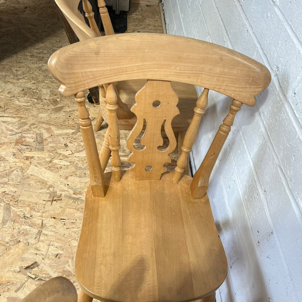 4 Beech Farmhouse Kitchen Chairs Turned Legs Scrolled Backs