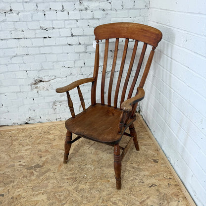 Vintage Rustic Windsor Style High Slatted Backed Armchair Turned Legs