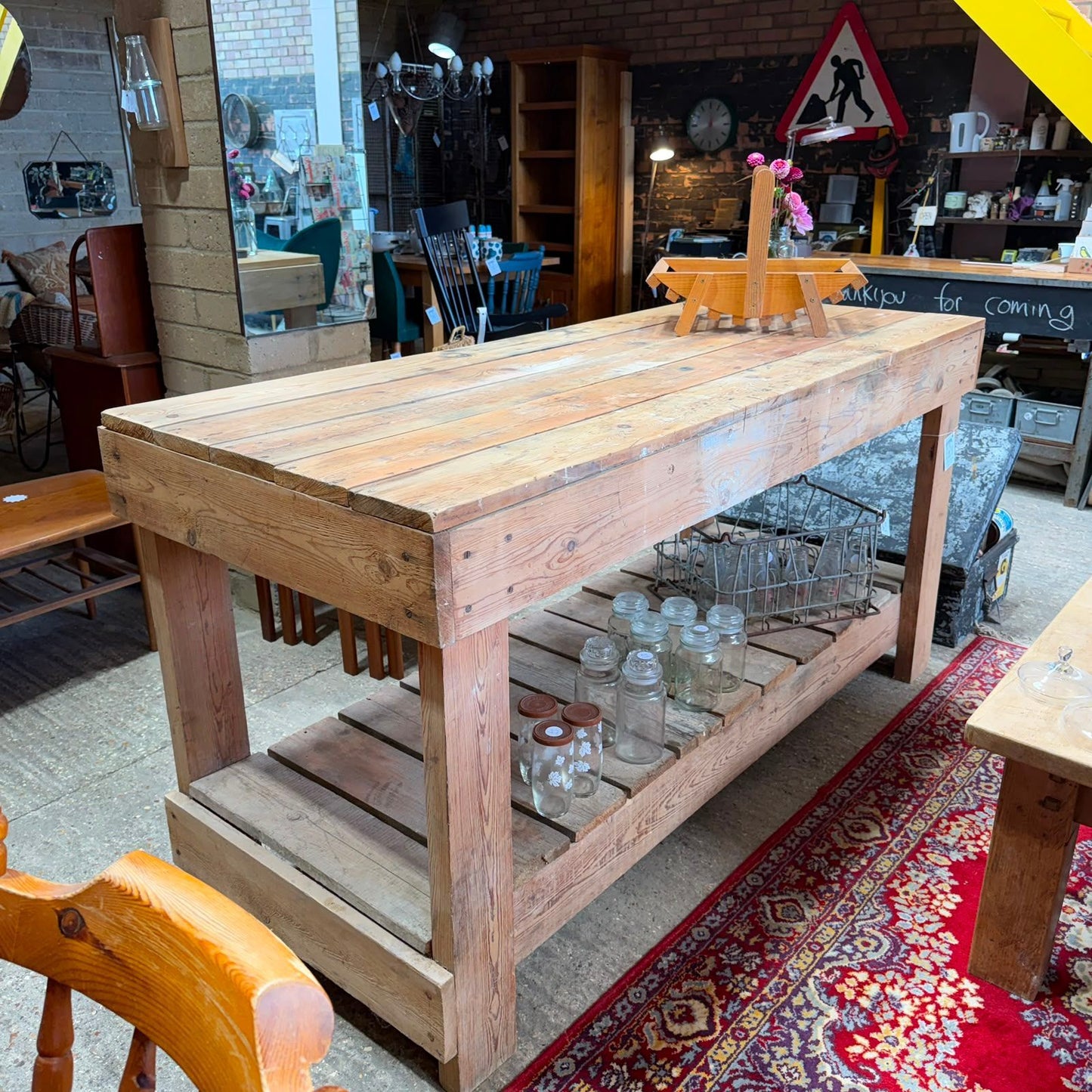 Rustic Large Wooden Pine Workbench Shelves Kitchen Island Potting Bench Workshop