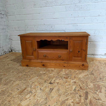 Low Pine Window Seat Media Unit 2 Cupboards Shelf Over Drawer