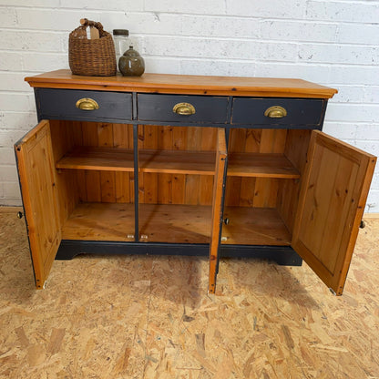 Pine Triple Sideboard 3 Drawers Over Cabinets Brass Cup Handles Shabby Chic
