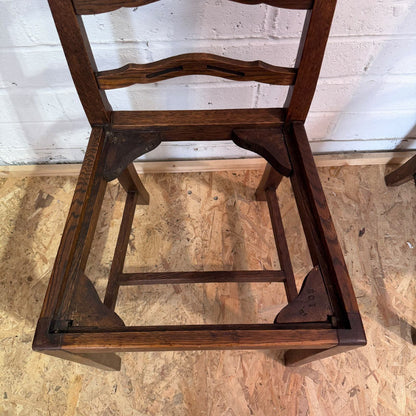 Pair Early 20thC Oak Dining Chairs Upholstered Drop In Seats Ladder Back