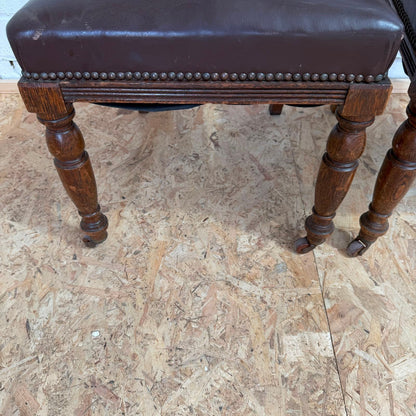 Pair Edwardian? Jacobean Style Dining Chairs Leather Seats Carved Backs Castors