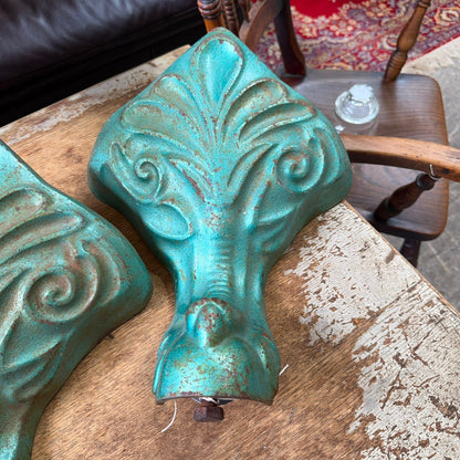 4 Antique Victorian Cast Iron Claw Bath Feet Green Great Patina Fleur De Lys