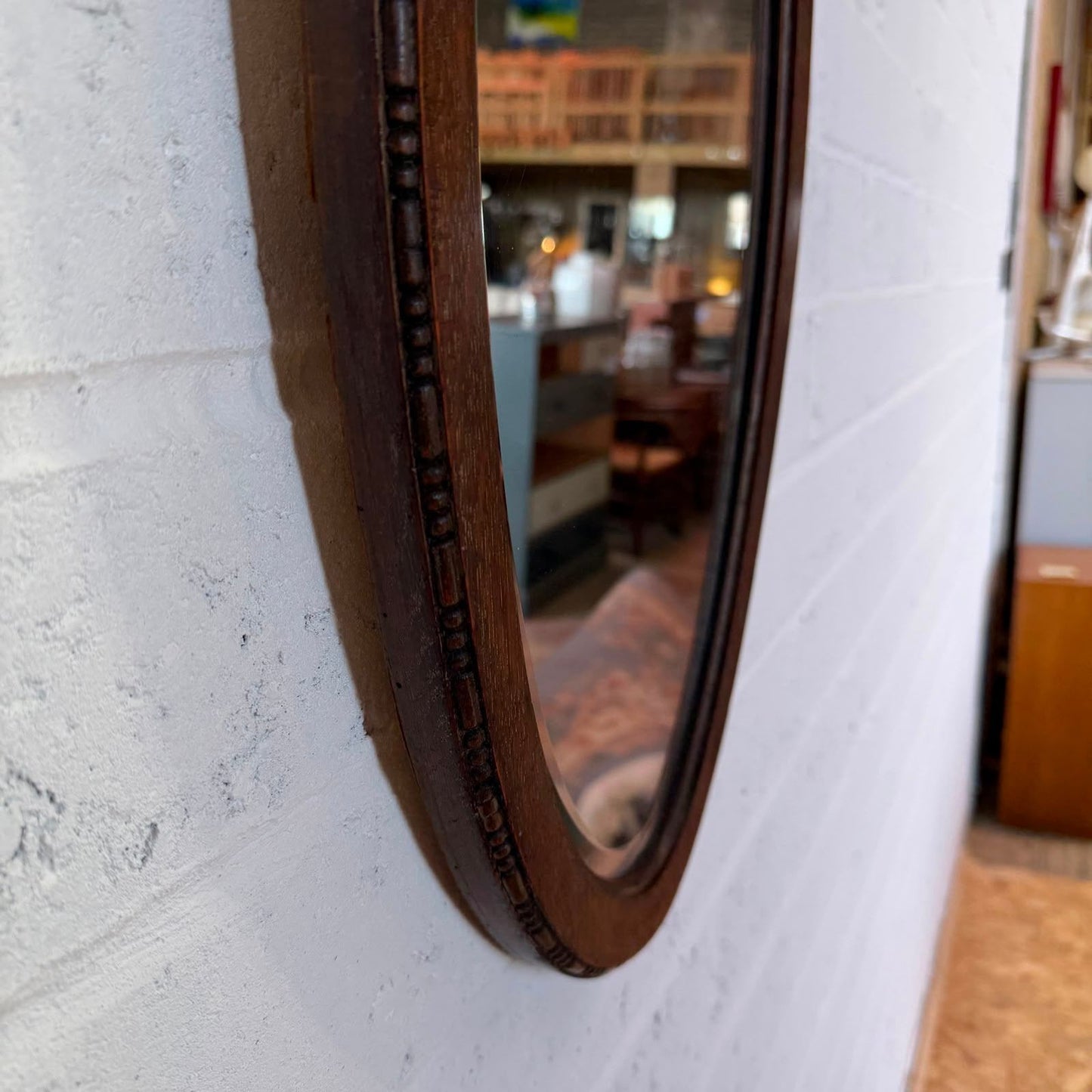 Vintage Wood Framed Oval Bevelled Edge Wall Hanging Mirror