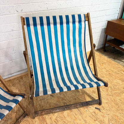 Vintage Pair Wideboy Large SouthSea Deckchairs Beach Garden Wood Frames